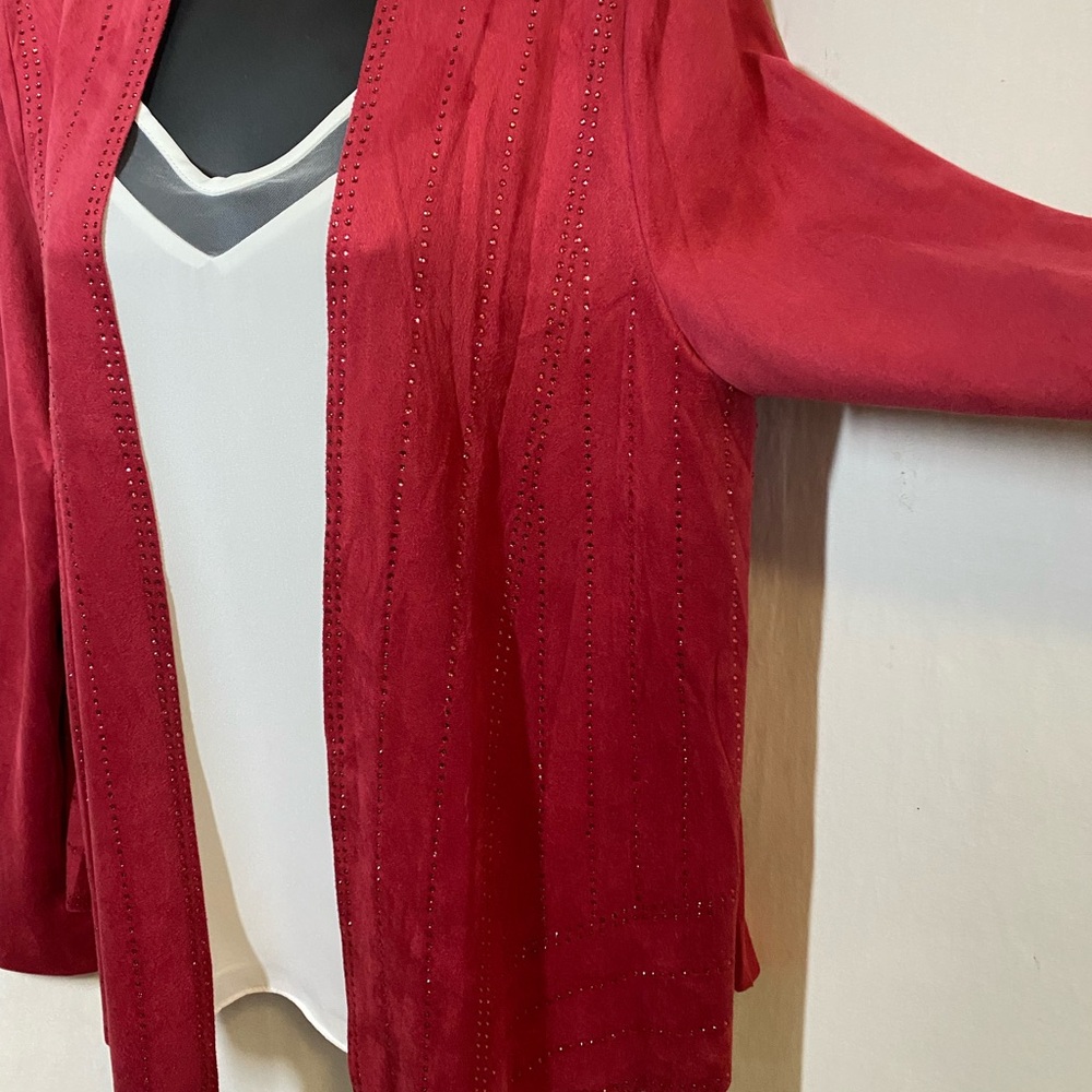 Vocal Open Front Lightweight Red Faux Suede Jacket with matching red bling - Picture 7 of 13